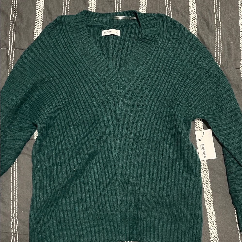 Green Ribbed V-Neck Sweater